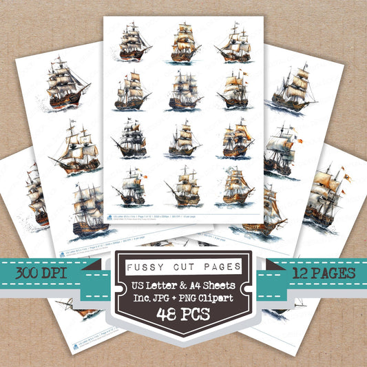 Pirate Ghost Ship fussy cut printable sheets for junk journaling, scrapbooking, and paper craft projects
