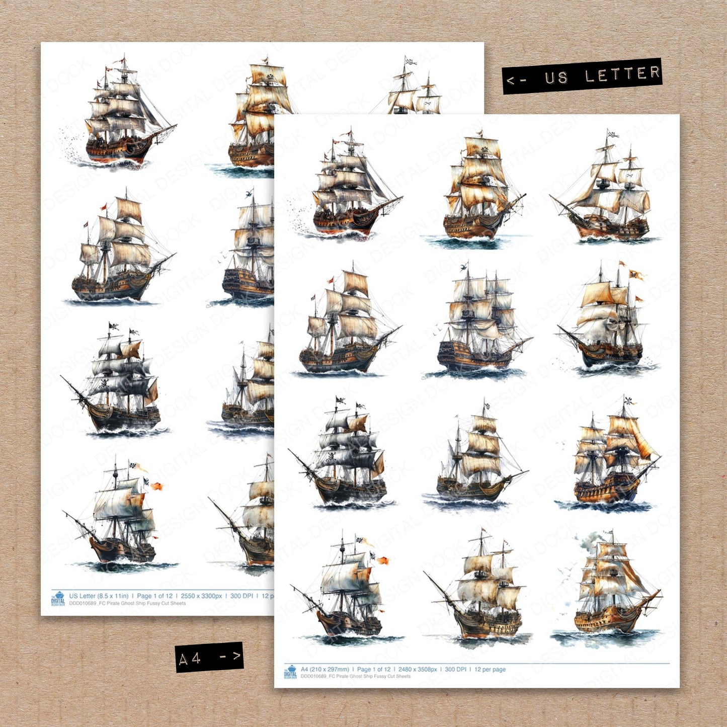 A4 and US Letter format comparison showing Pirate Ghost Ship fussy cut pages for print and cut crafting