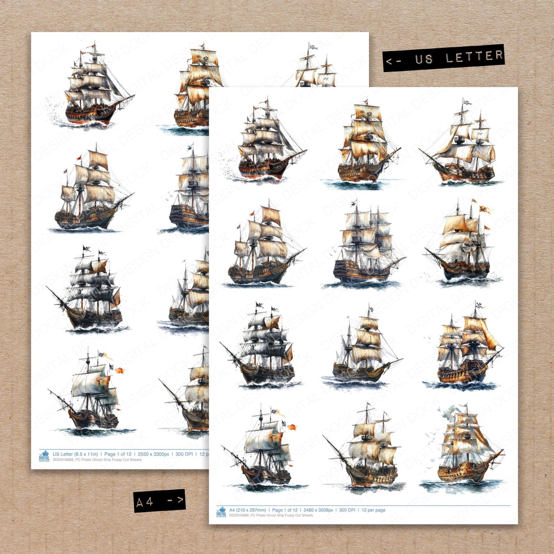 A4 and US Letter format comparison showing Pirate Ghost Ship fussy cut pages for print and cut crafting
