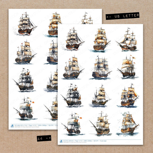 A4 and US Letter format comparison showing Pirate Ghost Ship fussy cut pages for print and cut crafting