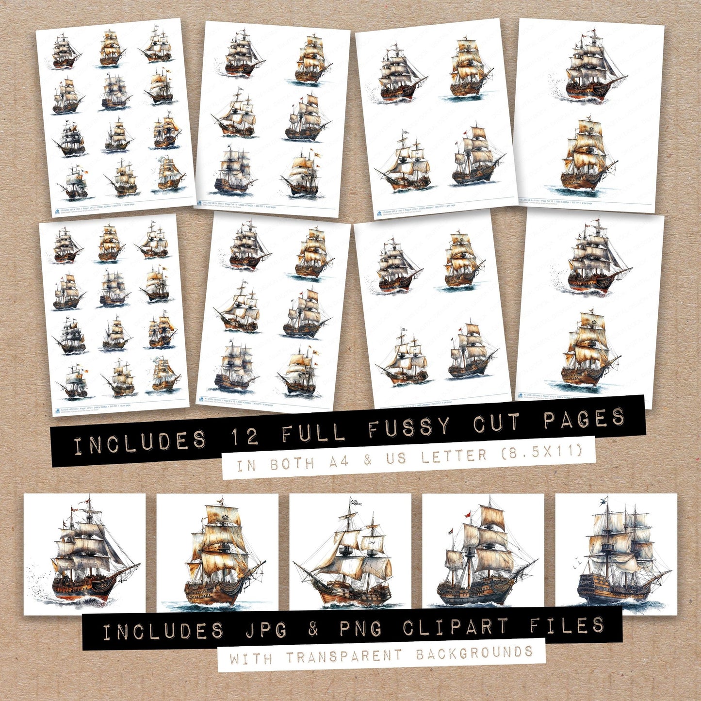 Full collection view of Pirate Ghost Ship fussy cut sheets with bonus clipart JPG and PNG files