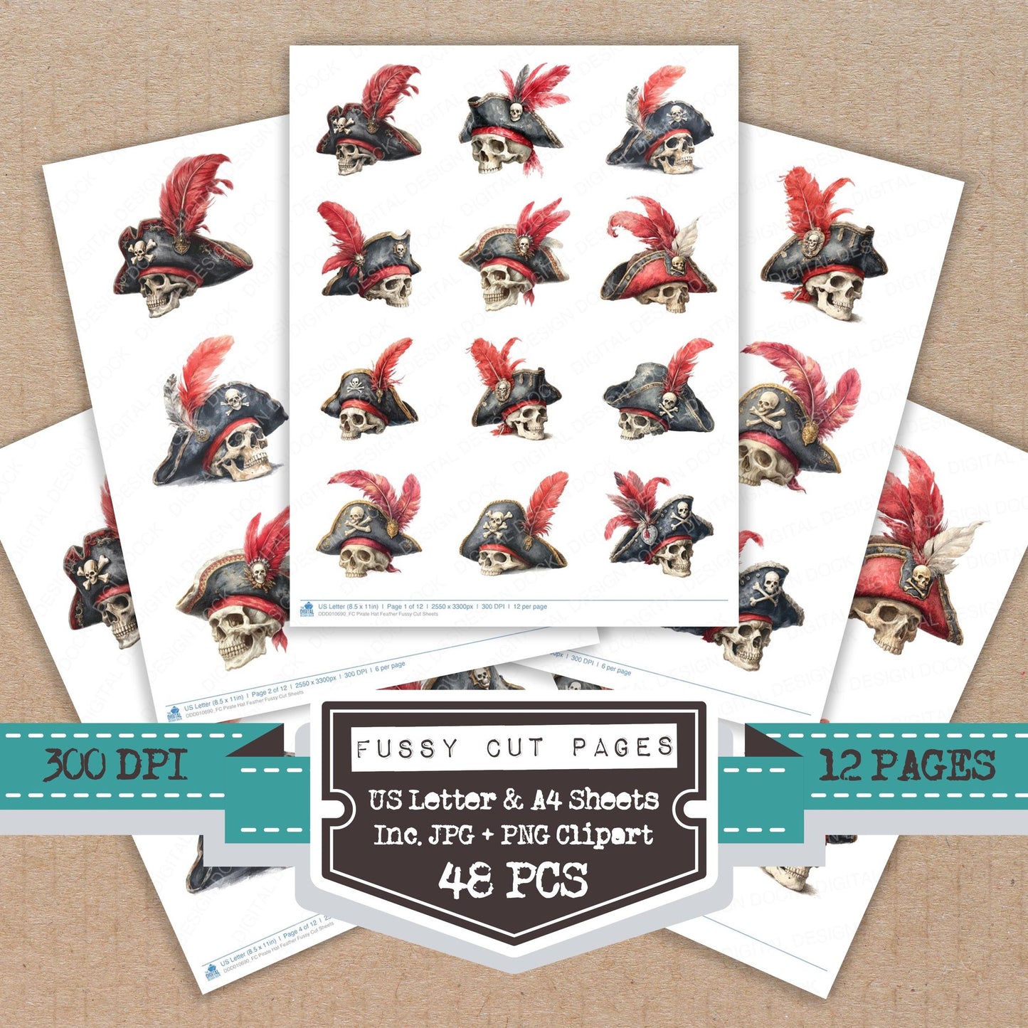 Pirate Hat Feather fussy cut printable sheets for junk journaling, scrapbooking, and paper craft projects