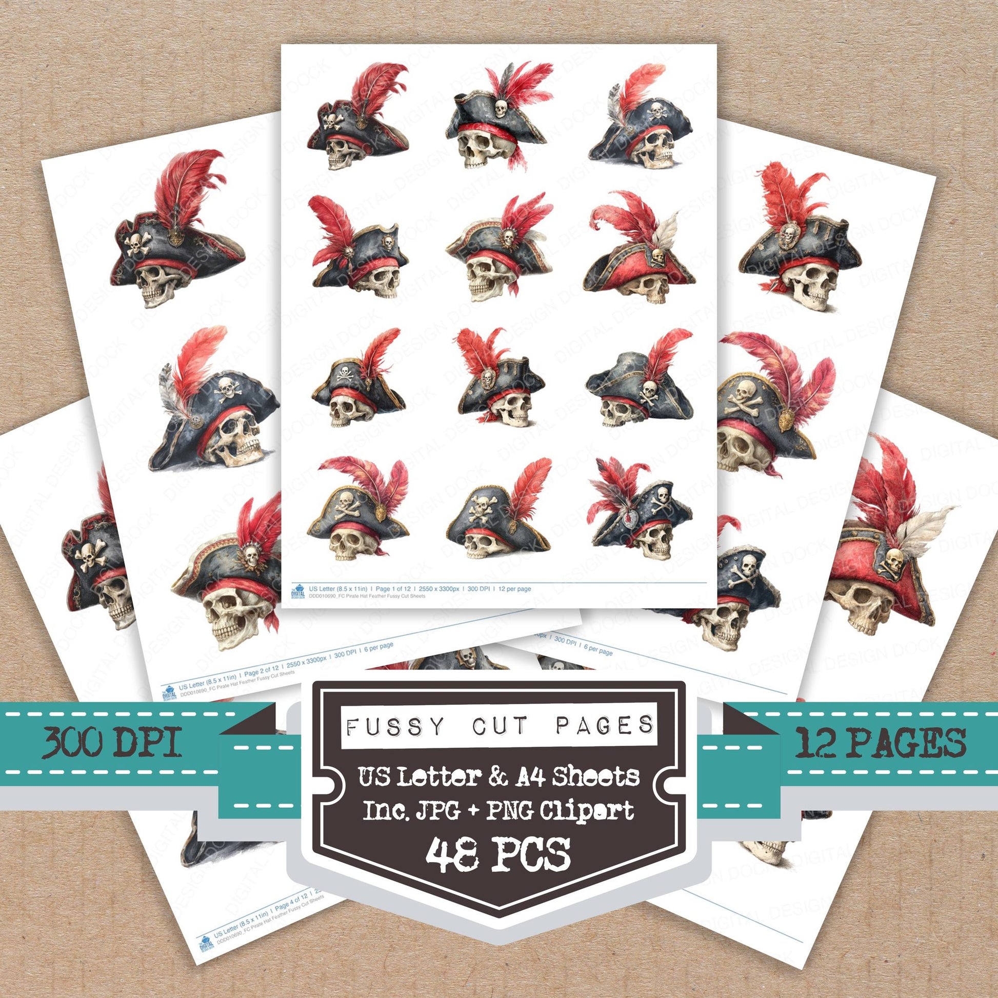 Pirate Hat Feather fussy cut printable sheets for junk journaling, scrapbooking, and paper craft projects
