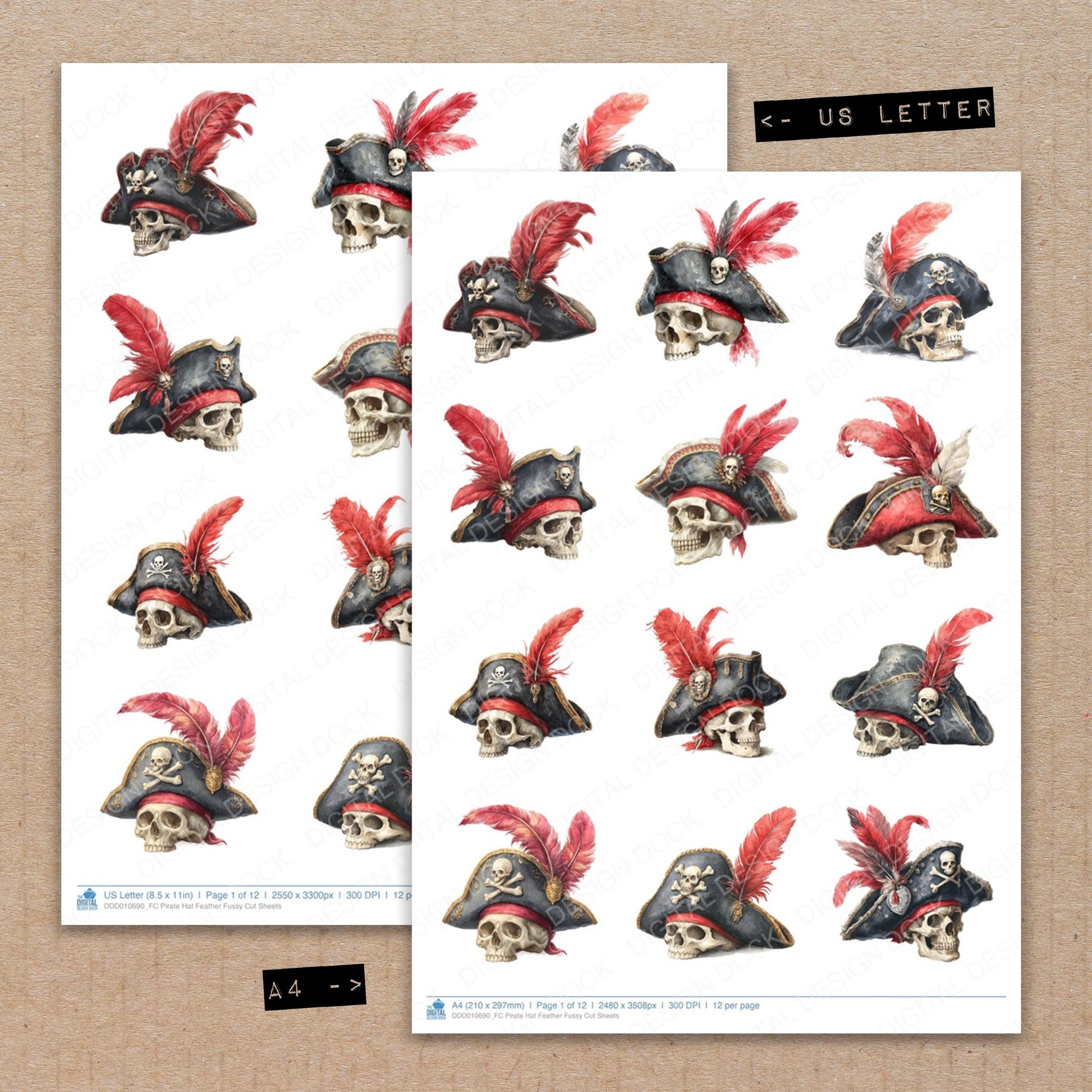 A4 and US Letter format comparison showing Pirate Hat Feather fussy cut pages for print and cut crafting