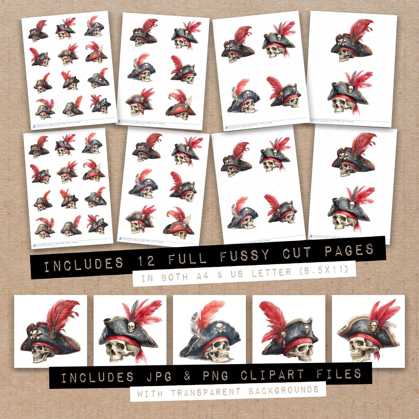 Full collection view of Pirate Hat Feather fussy cut sheets with bonus clipart JPG and PNG files