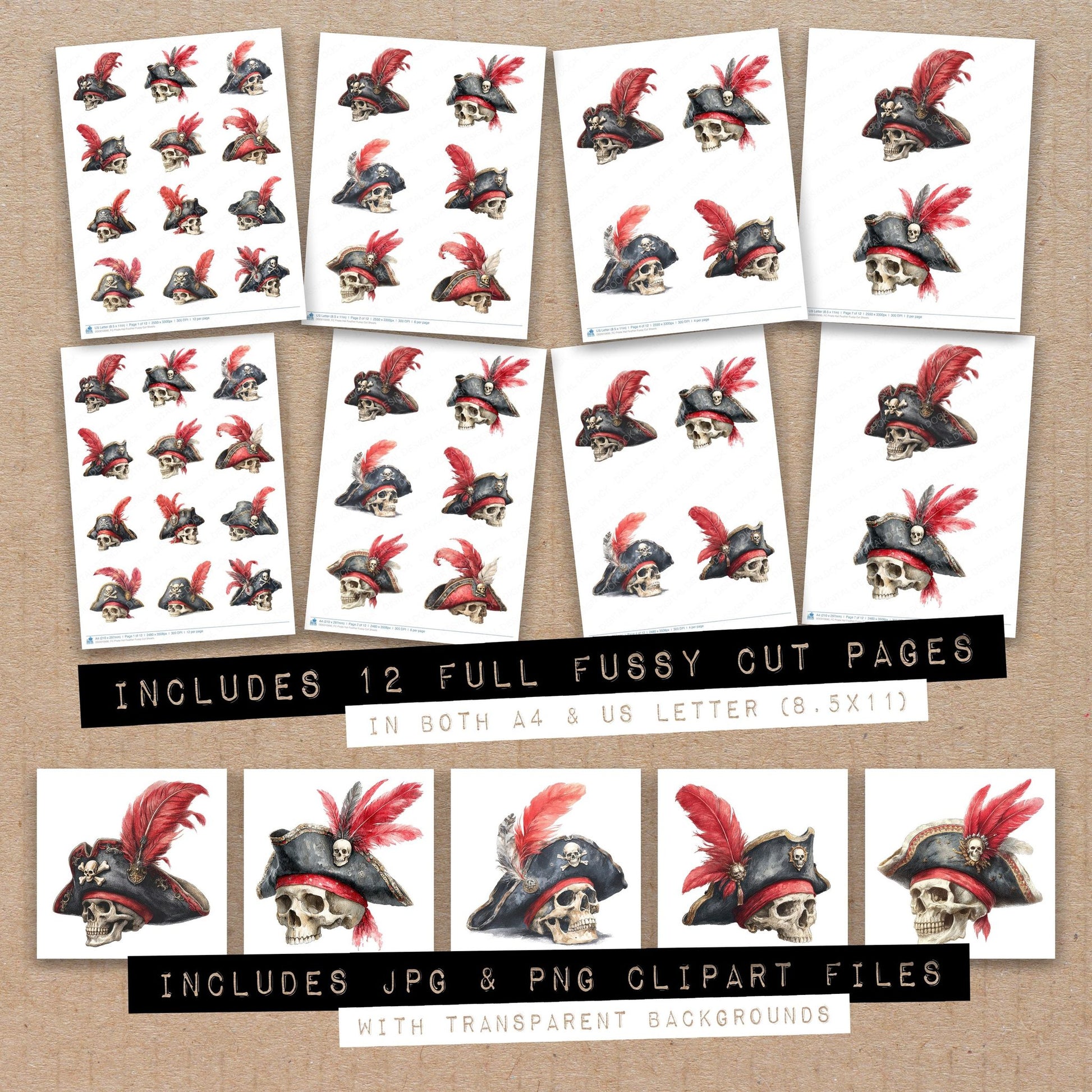 Full collection view of Pirate Hat Feather fussy cut sheets with bonus clipart JPG and PNG files