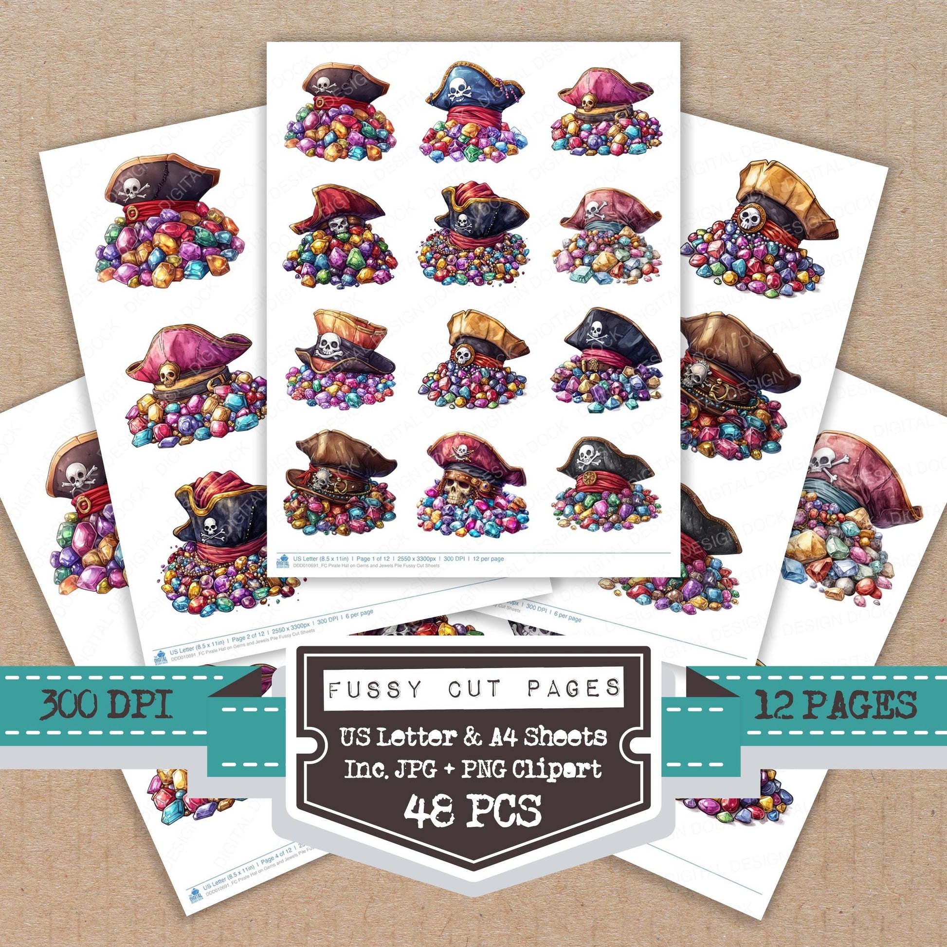 Pirate Hat on Gems and Jewels Pile fussy cut printable sheets for junk journaling, scrapbooking, and paper craft projects