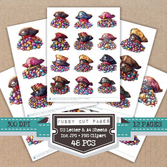Pirate Hat on Gems and Jewels Pile fussy cut printable sheets for junk journaling, scrapbooking, and paper craft projects