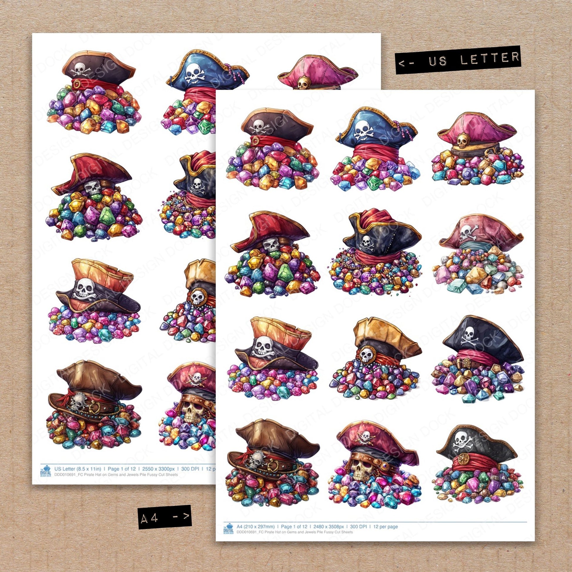 A4 and US Letter format comparison showing Pirate Hat on Gems and Jewels Pile fussy cut pages for print and cut crafting