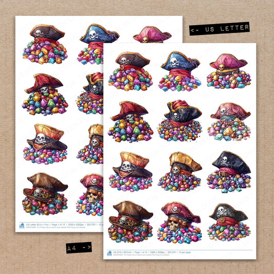 A4 and US Letter format comparison showing Pirate Hat on Gems and Jewels Pile fussy cut pages for print and cut crafting