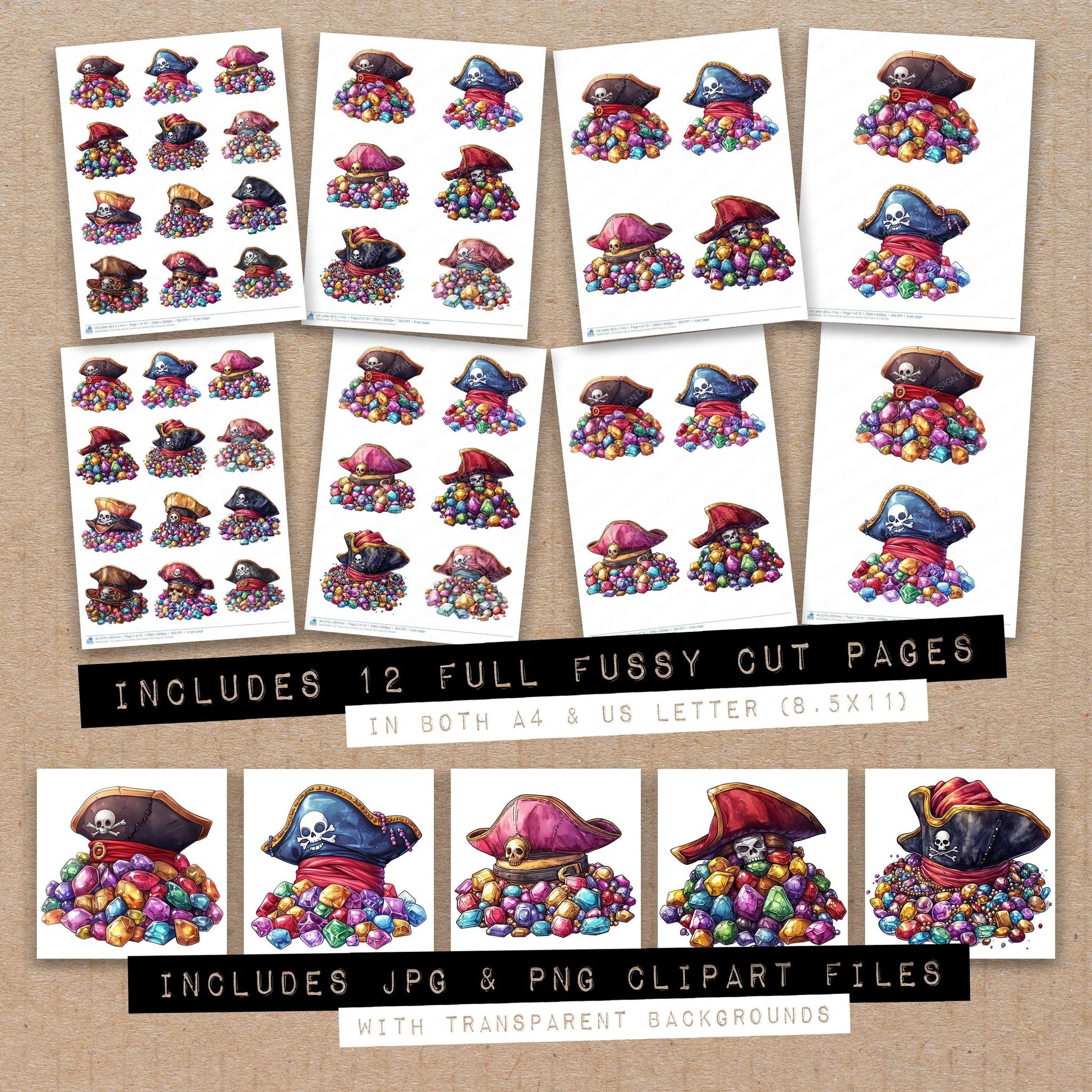 Full collection view of Pirate Hat on Gems and Jewels Pile fussy cut sheets with bonus clipart JPG and PNG files