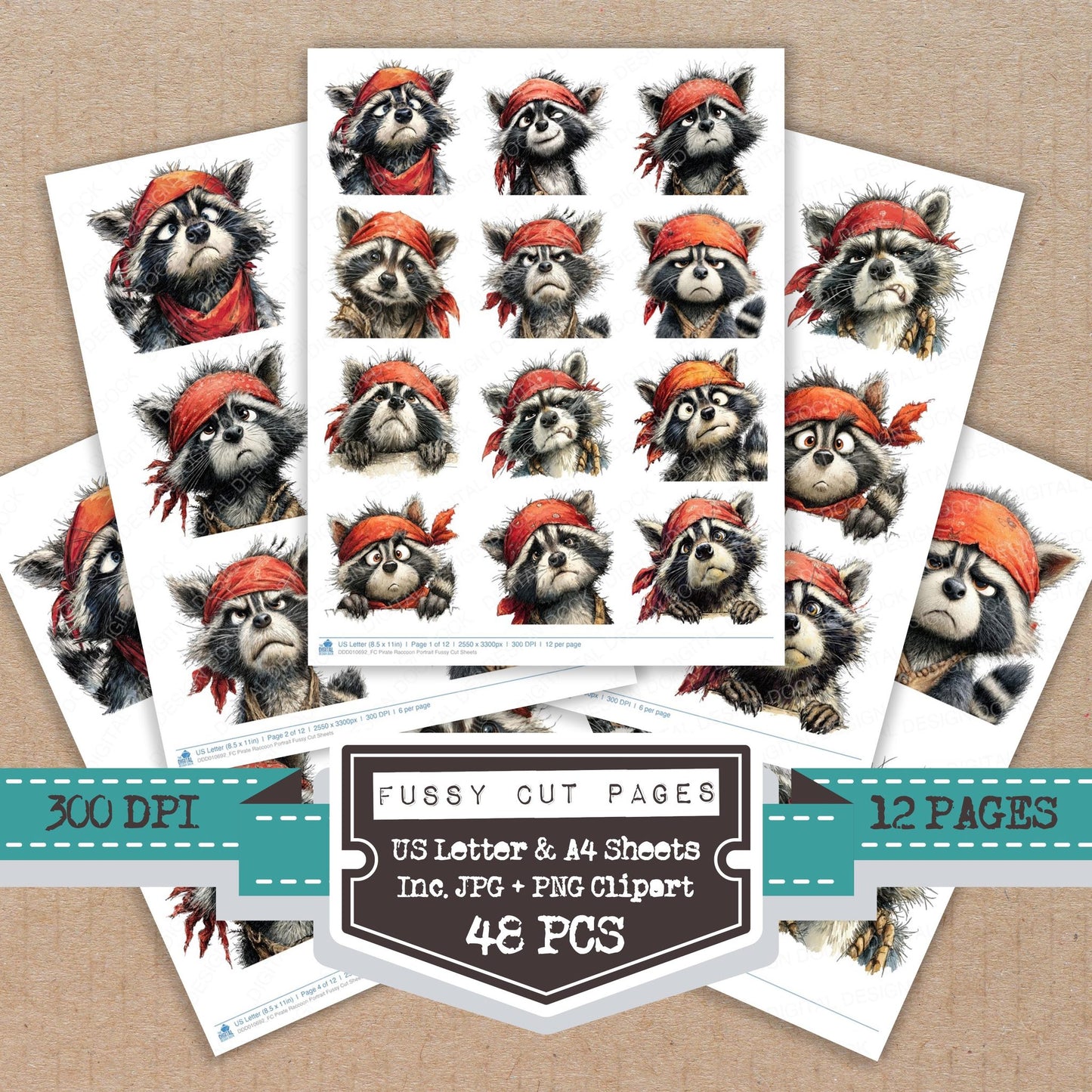 Pirate Raccoon Portrait fussy cut printable sheets for junk journaling, scrapbooking, and paper craft projects
