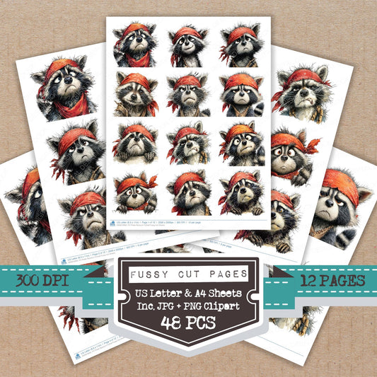 Pirate Raccoon Portrait fussy cut printable sheets for junk journaling, scrapbooking, and paper craft projects