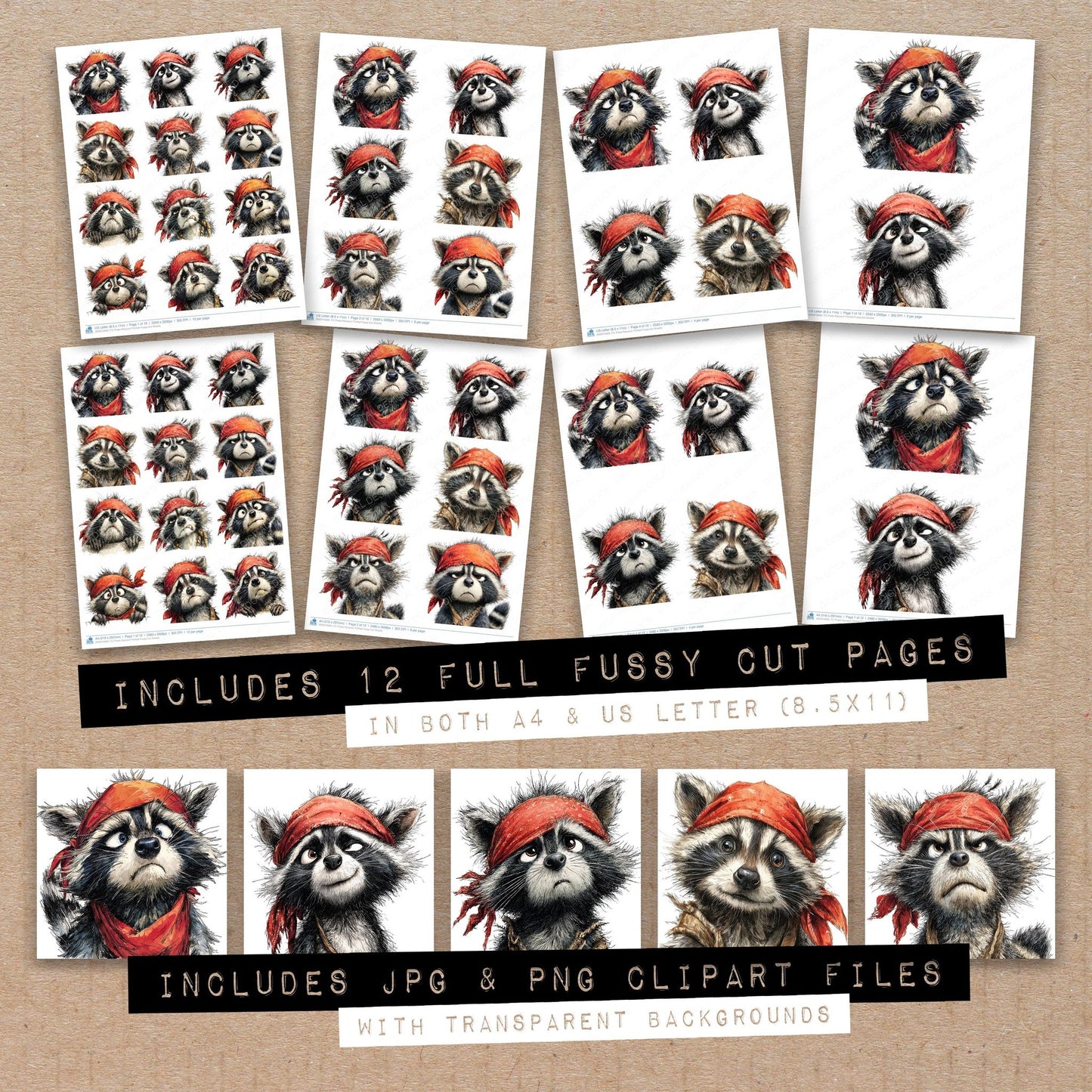 Full collection view of Pirate Raccoon Portrait fussy cut sheets with bonus clipart JPG and PNG files