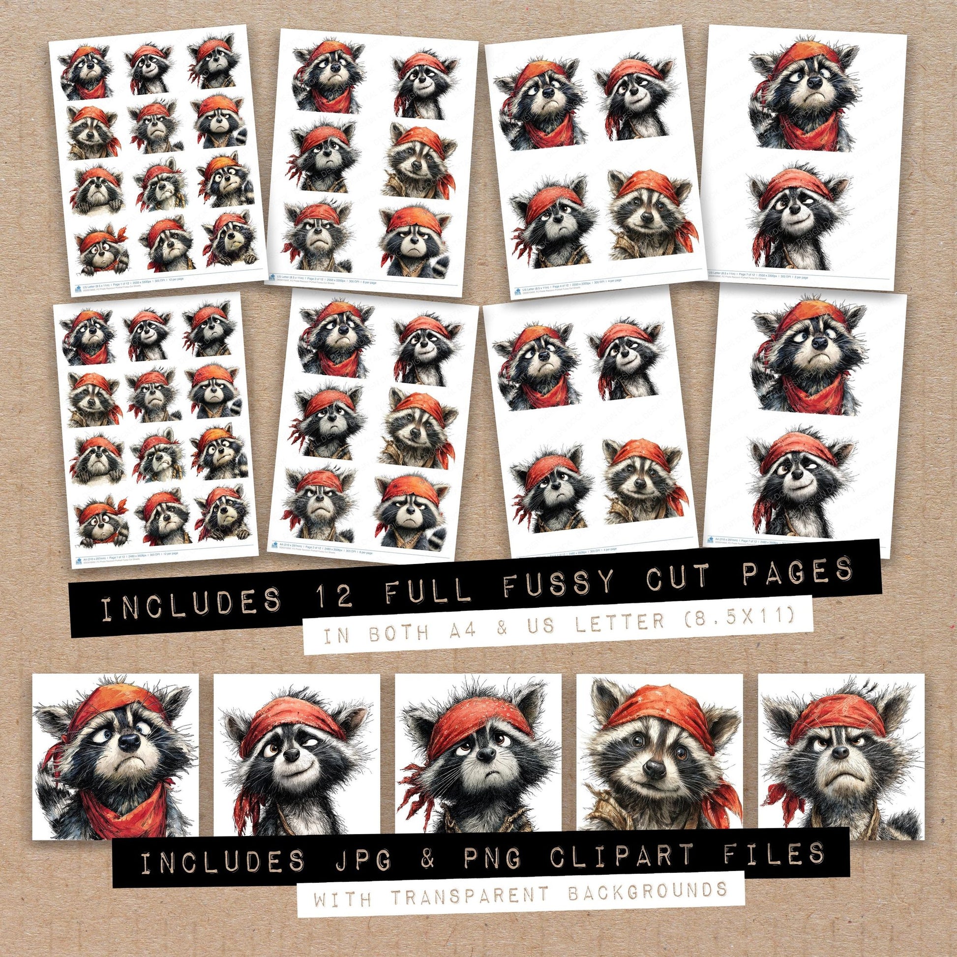 Full collection view of Pirate Raccoon Portrait fussy cut sheets with bonus clipart JPG and PNG files