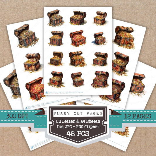 Pirate Treasure Chest fussy cut printable sheets for junk journaling, scrapbooking, and paper craft projects