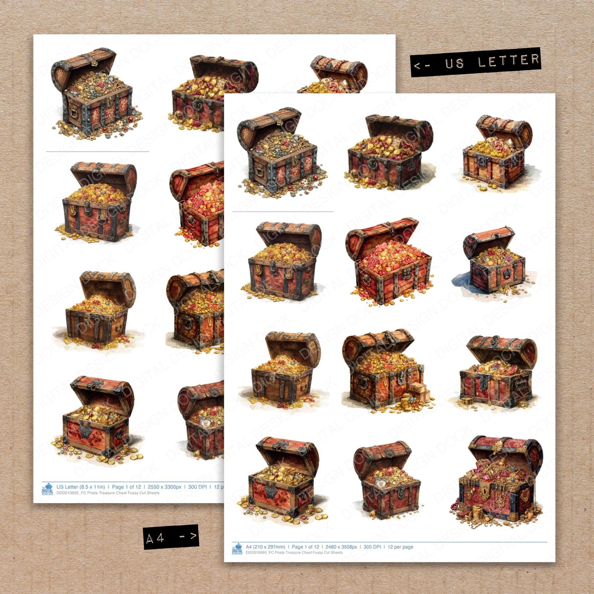 A4 and US Letter format comparison showing Pirate Treasure Chest fussy cut pages for print and cut crafting