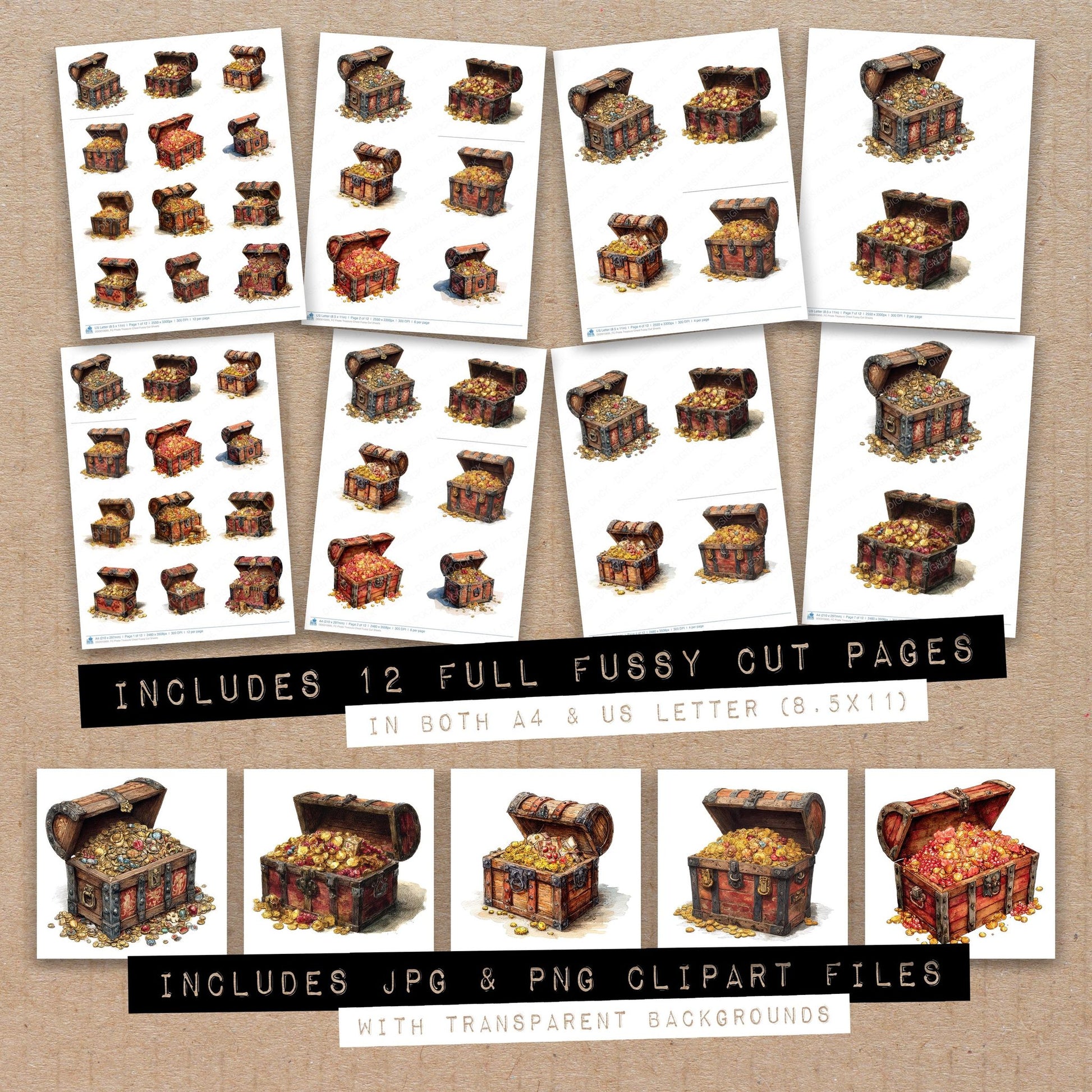 Full collection view of Pirate Treasure Chest fussy cut sheets with bonus clipart JPG and PNG files