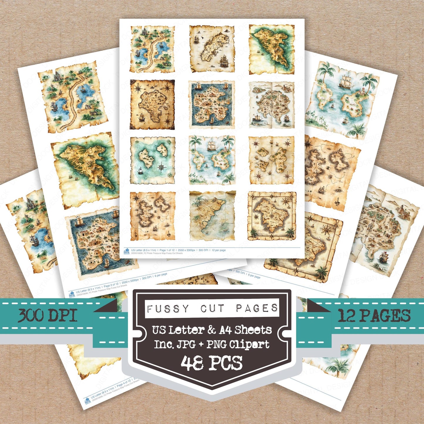 Pirate Treasure Map fussy cut printable sheets for junk journaling, scrapbooking, and paper craft projects
