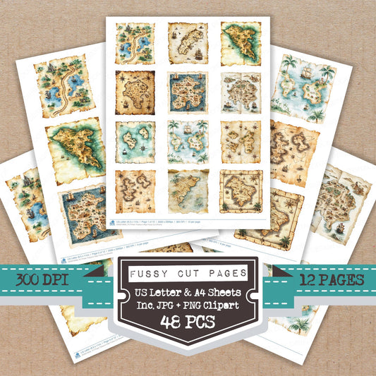 Pirate Treasure Map fussy cut printable sheets for junk journaling, scrapbooking, and paper craft projects