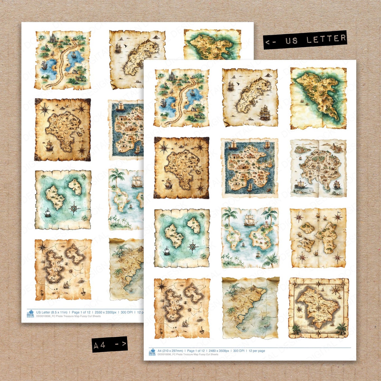 A4 and US Letter format comparison showing Pirate Treasure Map fussy cut pages for print and cut crafting