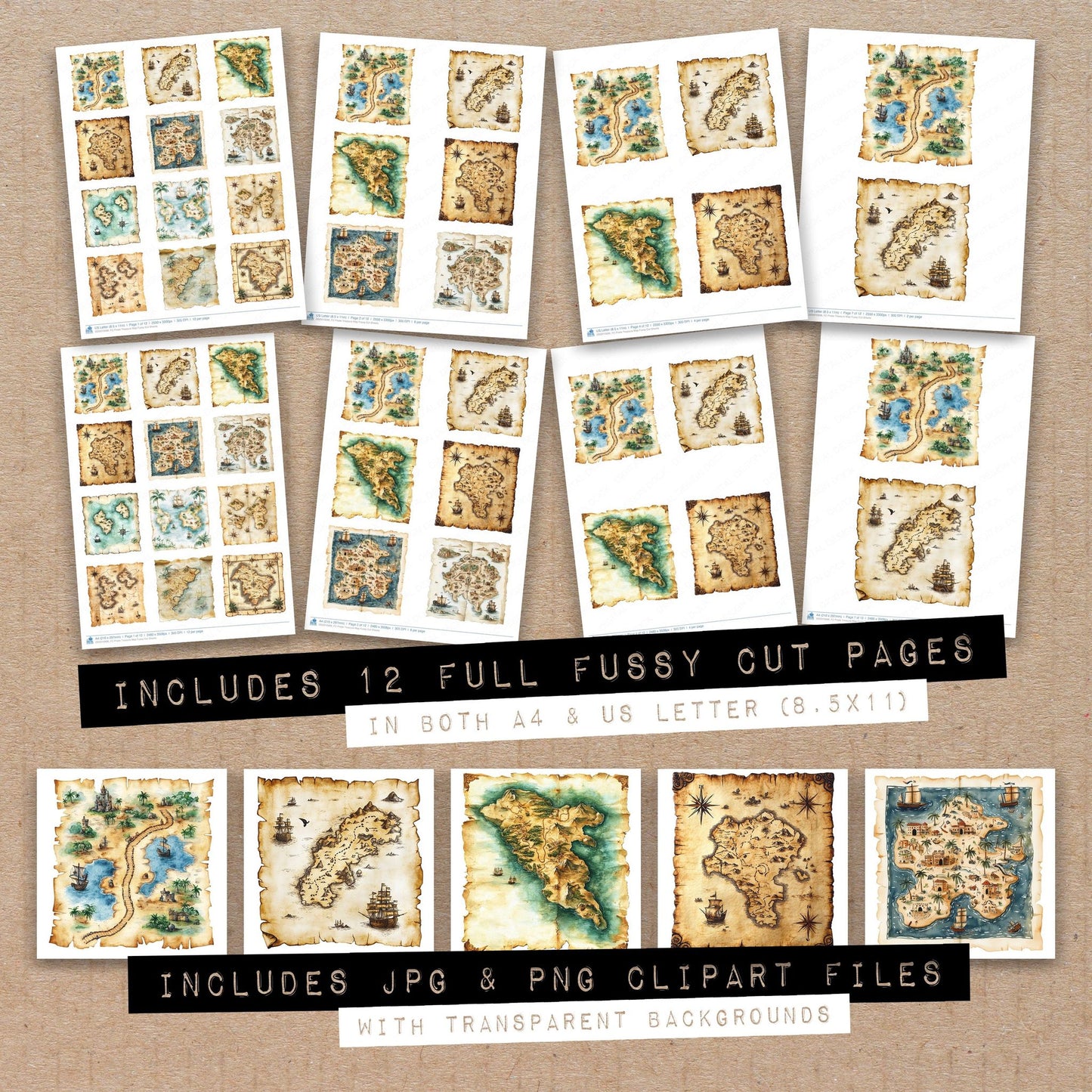 Full collection view of Pirate Treasure Map fussy cut sheets with bonus clipart JPG and PNG files