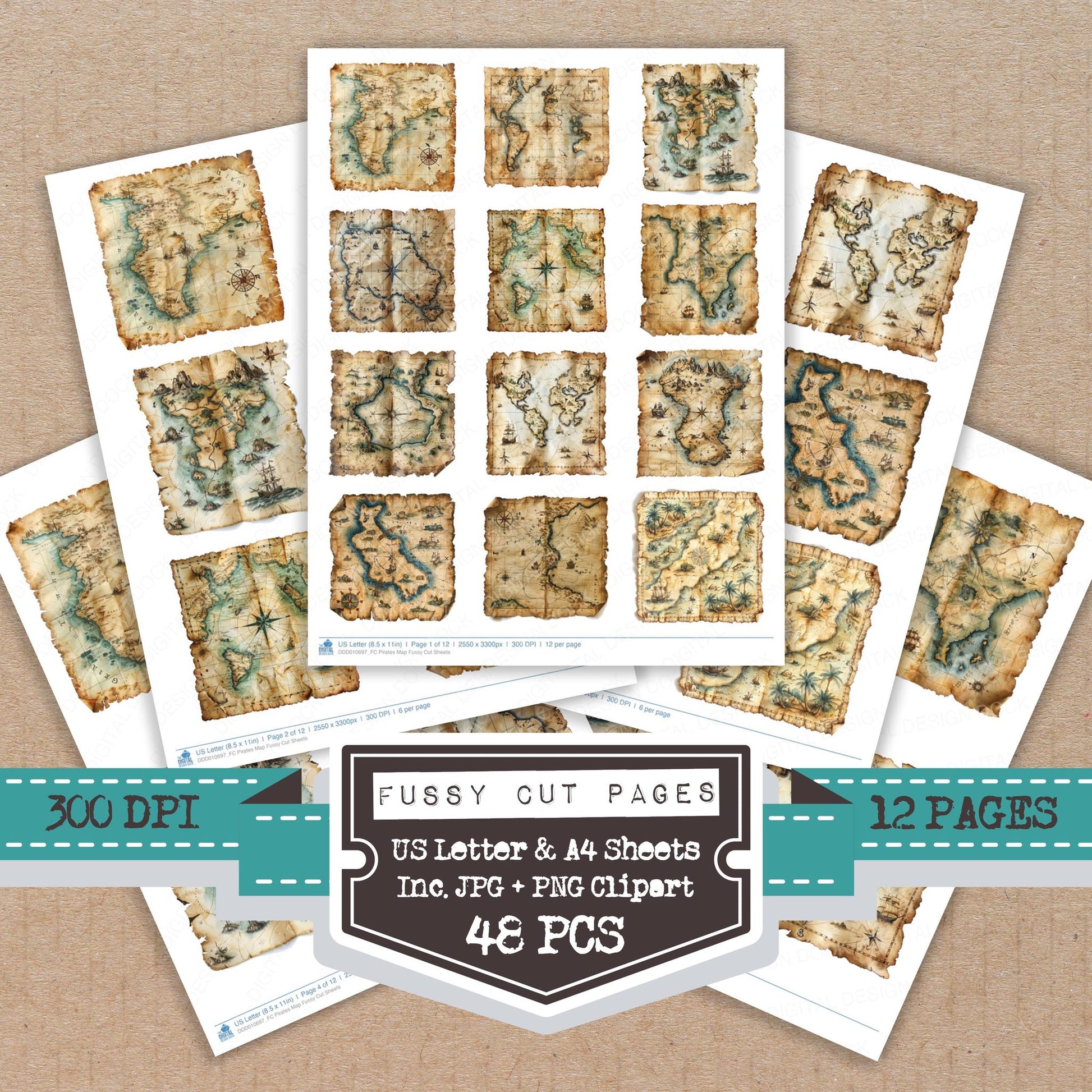 Pirates Map fussy cut printable sheets for junk journaling, scrapbooking, and paper craft projects