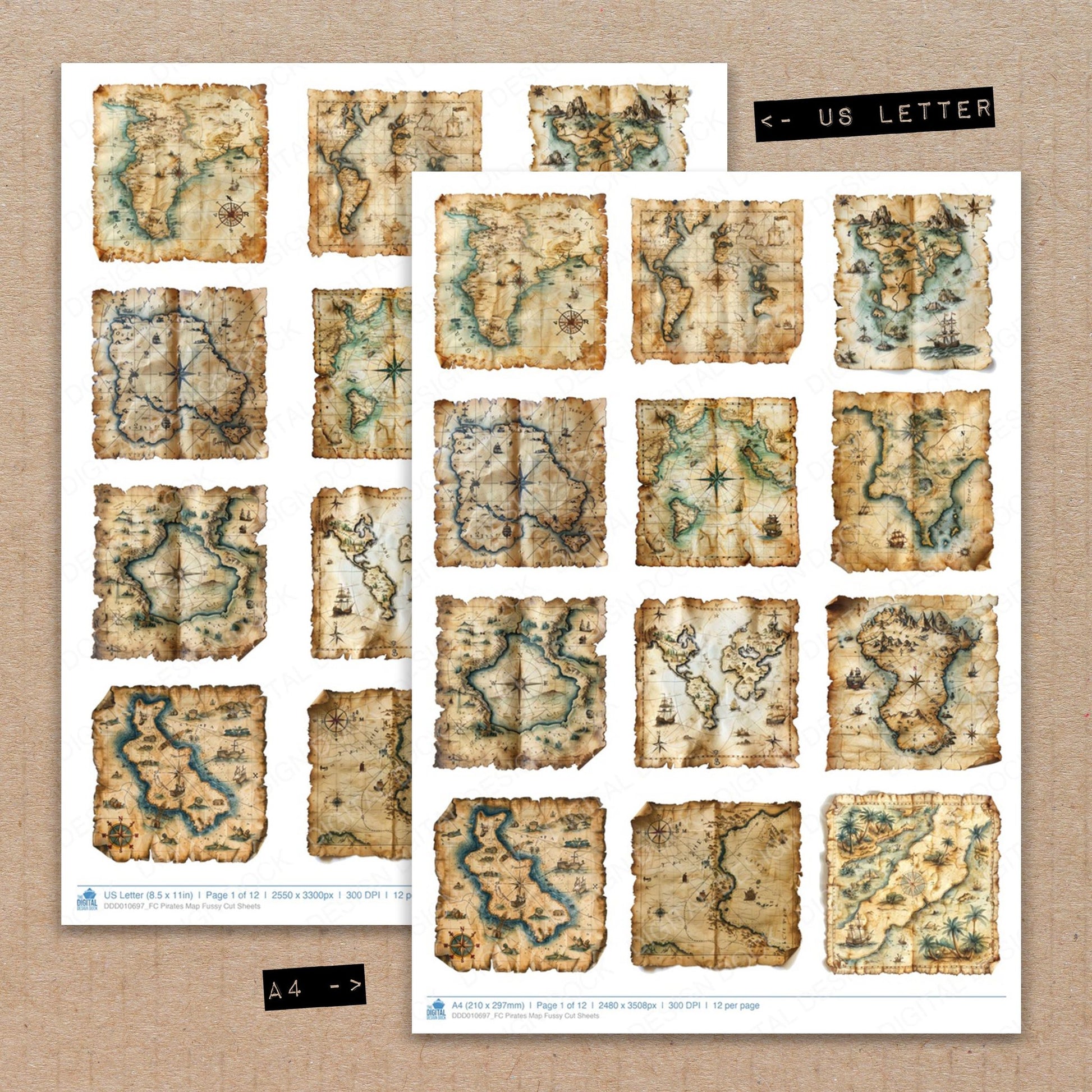 A4 and US Letter format comparison showing Pirates Map fussy cut pages for print and cut crafting