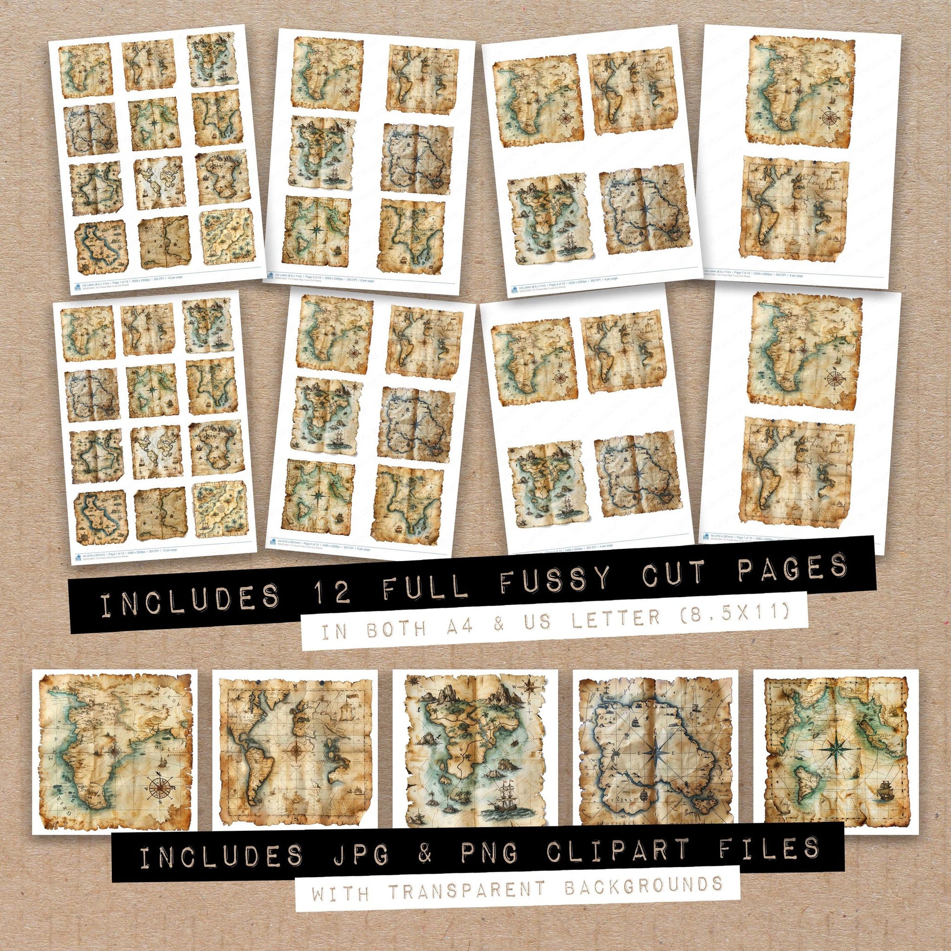 Full collection view of Pirates Map fussy cut sheets with bonus clipart JPG and PNG files