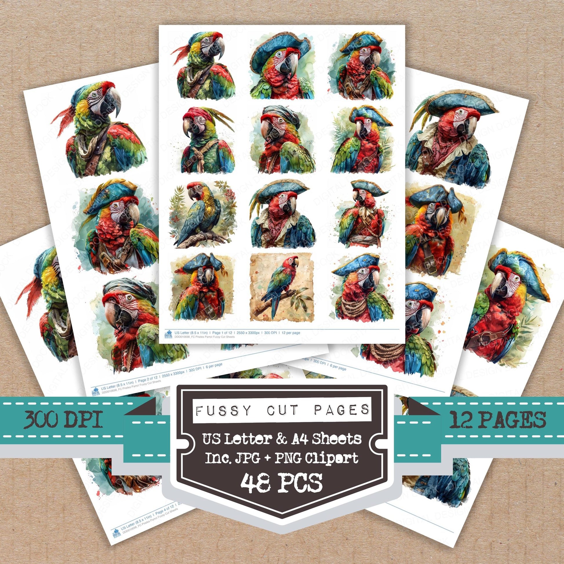 Pirates Parrot fussy cut printable sheets for junk journaling, scrapbooking, and paper craft projects