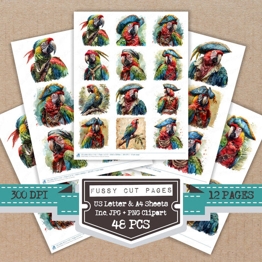 Pirates Parrot fussy cut printable sheets for junk journaling, scrapbooking, and paper craft projects