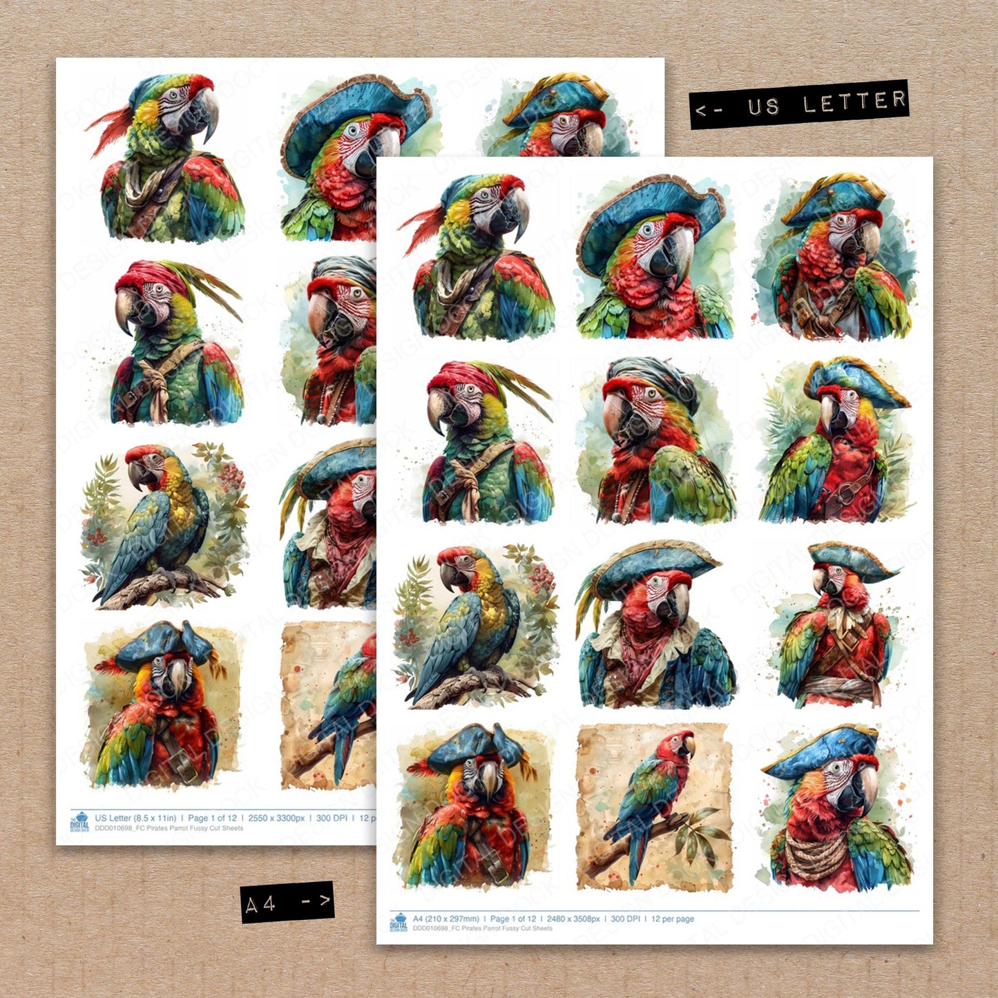 A4 and US Letter format comparison showing Pirates Parrot fussy cut pages for print and cut crafting