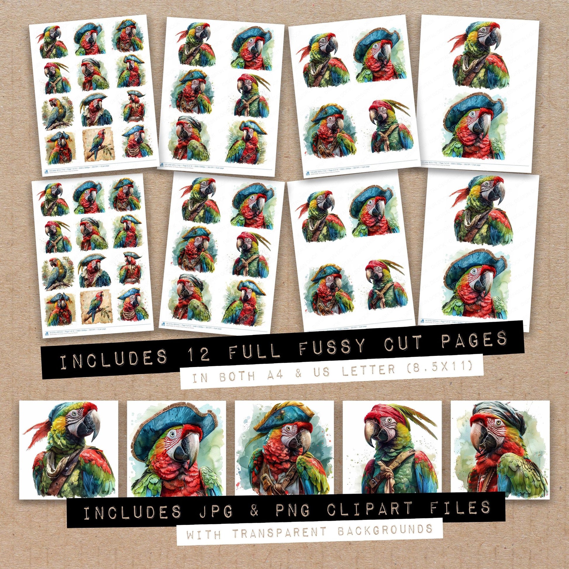 Full collection view of Pirates Parrot fussy cut sheets with bonus clipart JPG and PNG files