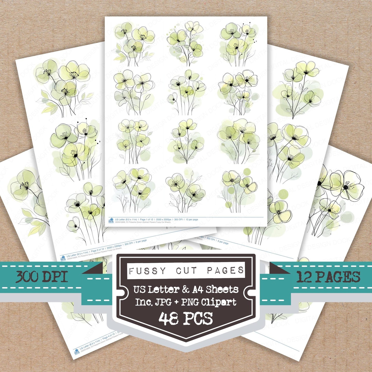 Pistachio Green Abstract Flowers fussy cut printable sheets for junk journaling, scrapbooking, and paper craft projects