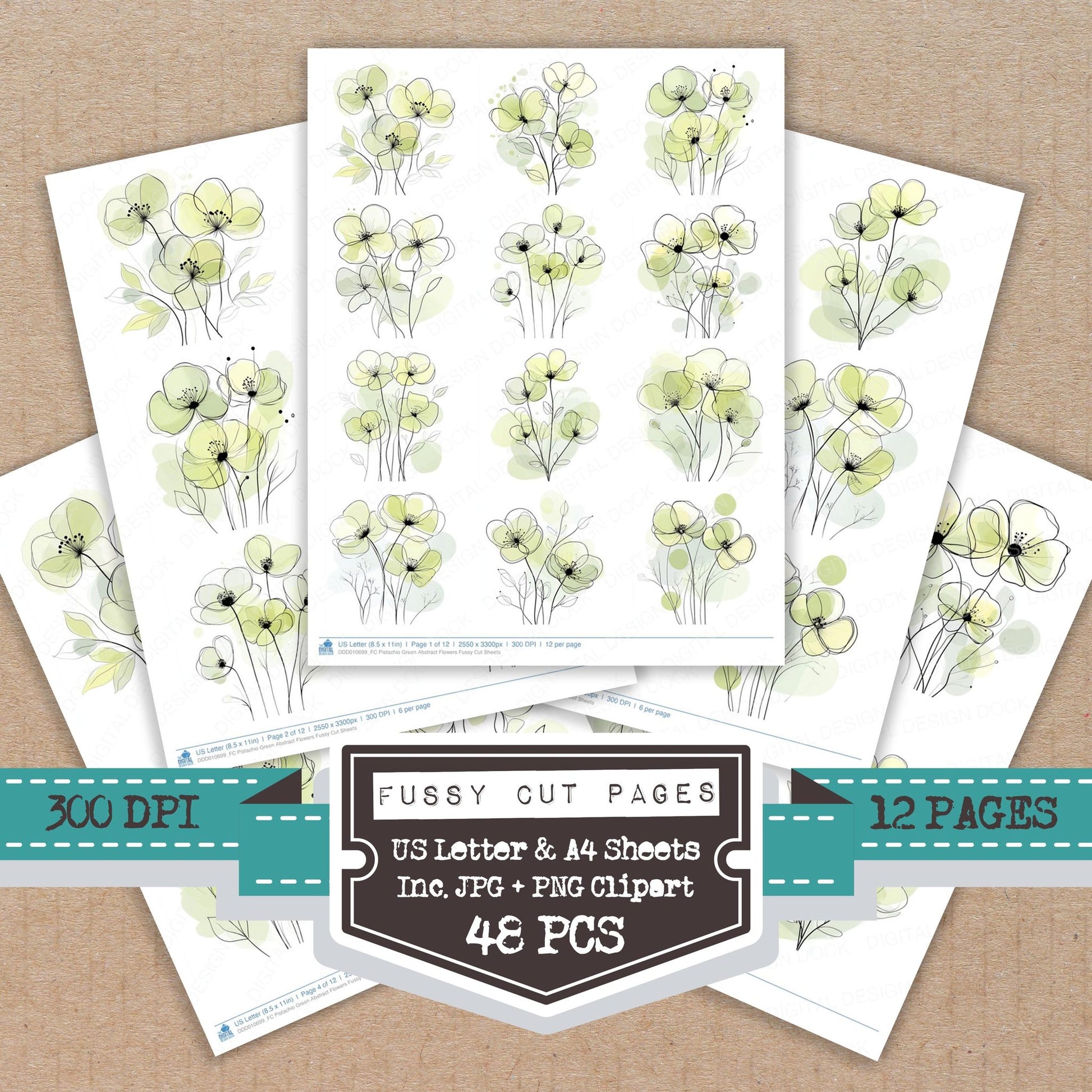 Pistachio Green Abstract Flowers fussy cut printable sheets for junk journaling, scrapbooking, and paper craft projects