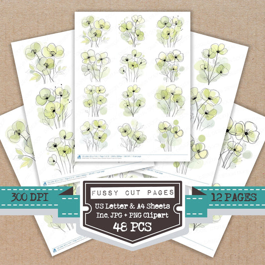 Pistachio Green Abstract Flowers fussy cut printable sheets for junk journaling, scrapbooking, and paper craft projects