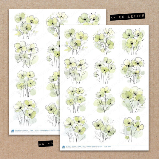 A4 and US Letter format comparison showing Pistachio Green Abstract Flowers fussy cut pages for print and cut crafting