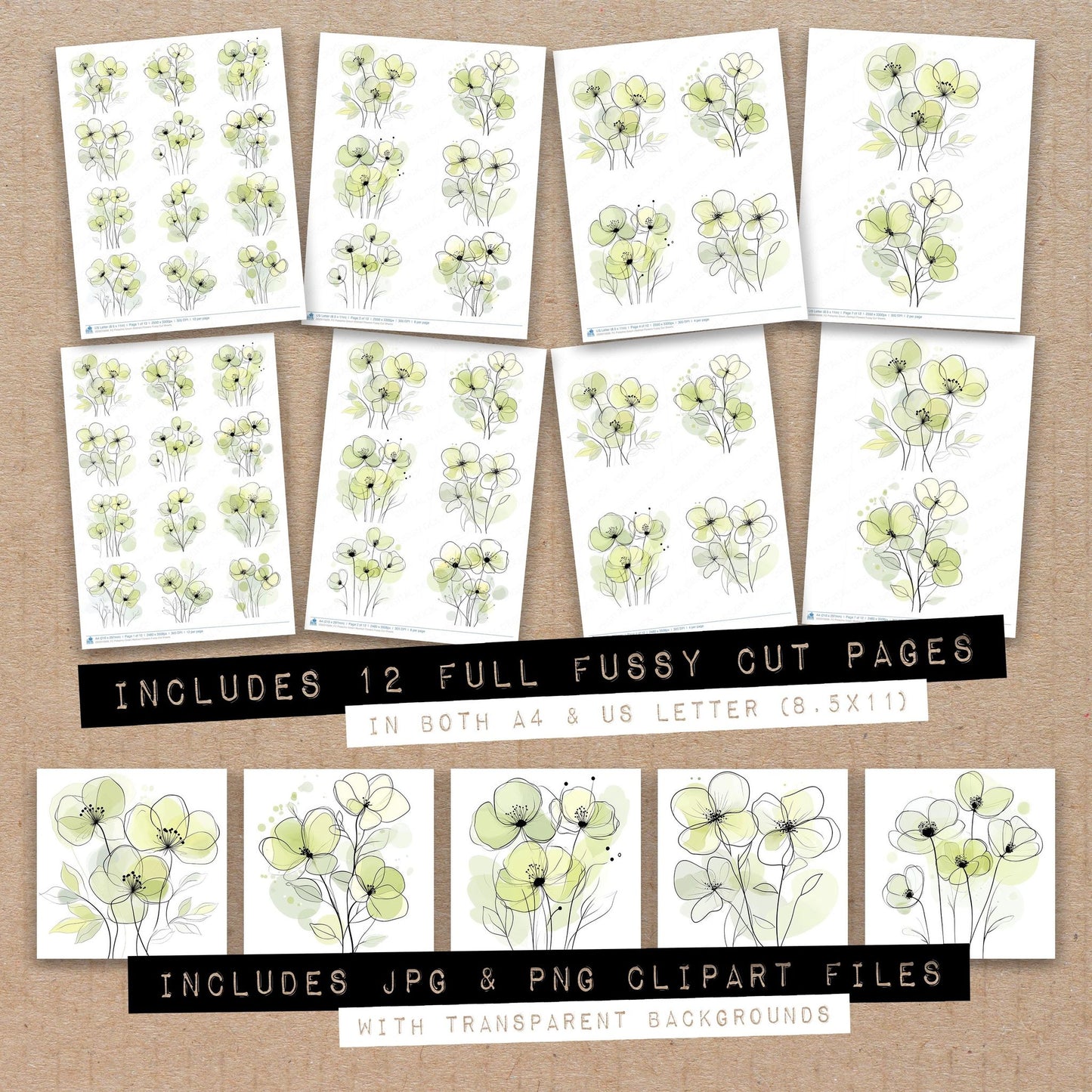Full collection view of Pistachio Green Abstract Flowers fussy cut sheets with bonus clipart JPG and PNG files