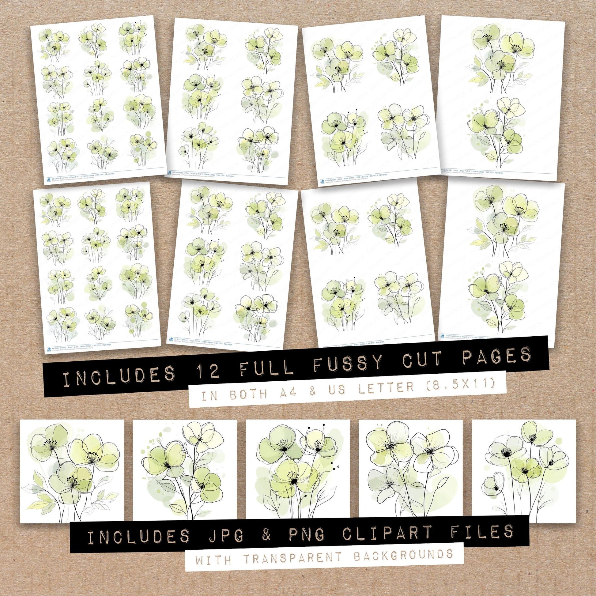 Full collection view of Pistachio Green Abstract Flowers fussy cut sheets with bonus clipart JPG and PNG files