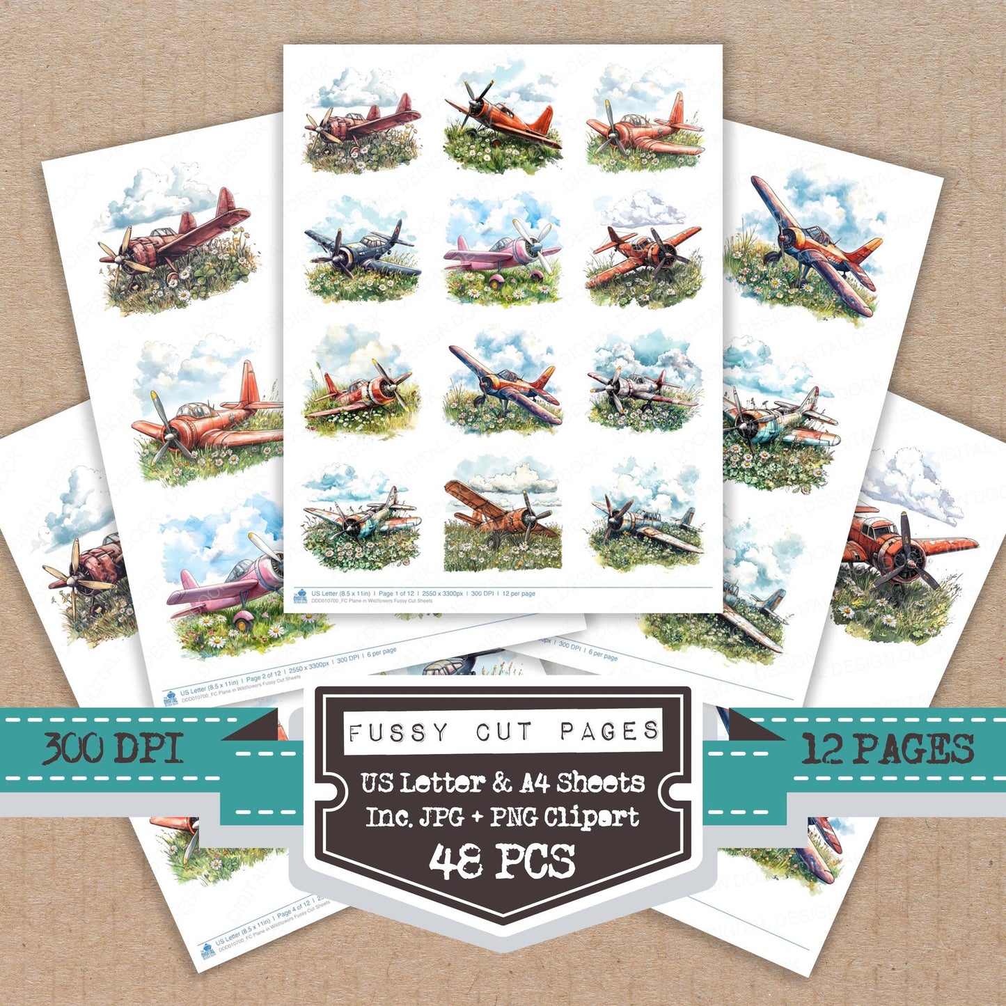 Plane in Wildflowers fussy cut printable sheets for junk journaling, scrapbooking, and paper craft projects