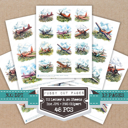 Plane in Wildflowers fussy cut printable sheets for junk journaling, scrapbooking, and paper craft projects