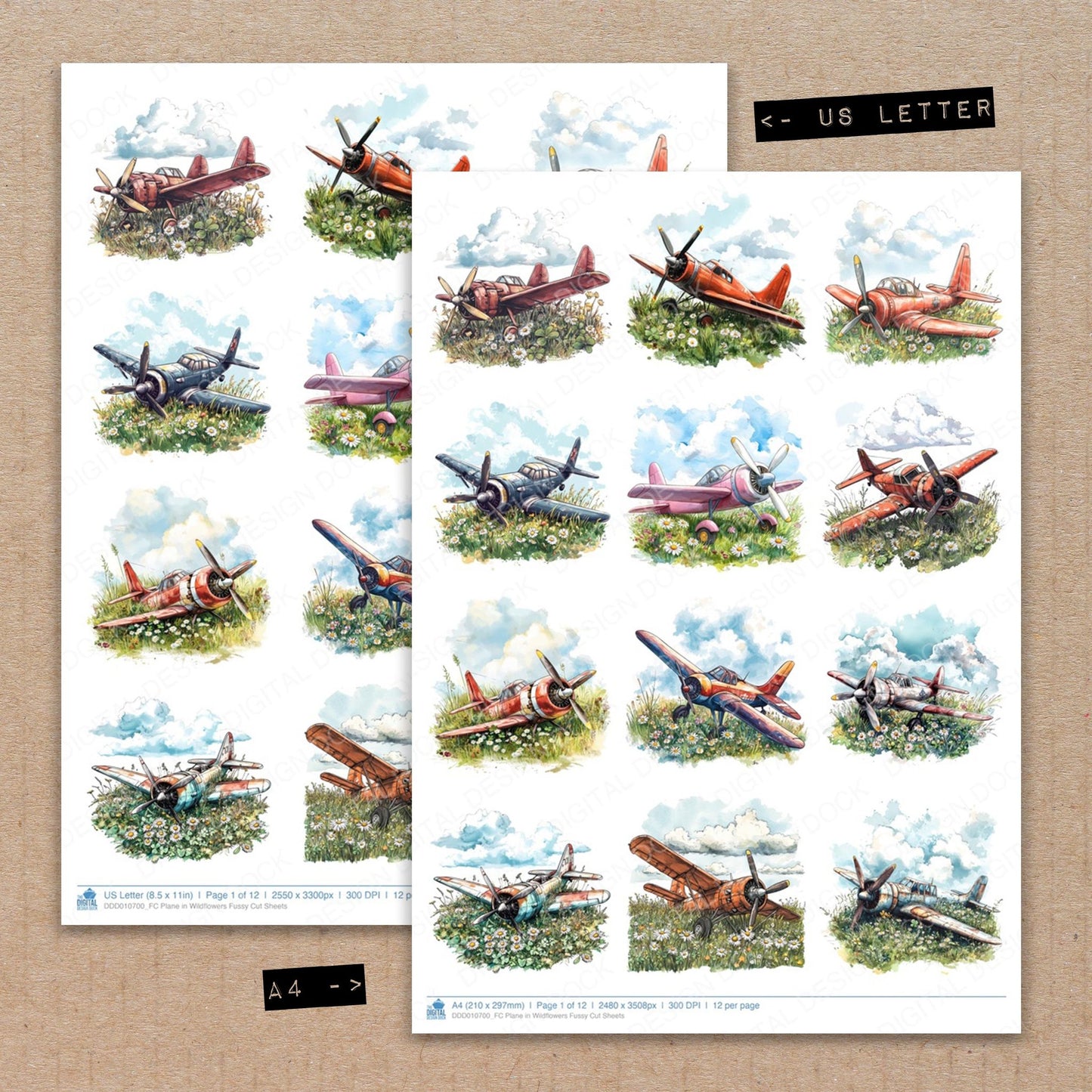 A4 and US Letter format comparison showing Plane in Wildflowers fussy cut pages for print and cut crafting