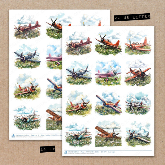 A4 and US Letter format comparison showing Plane in Wildflowers fussy cut pages for print and cut crafting