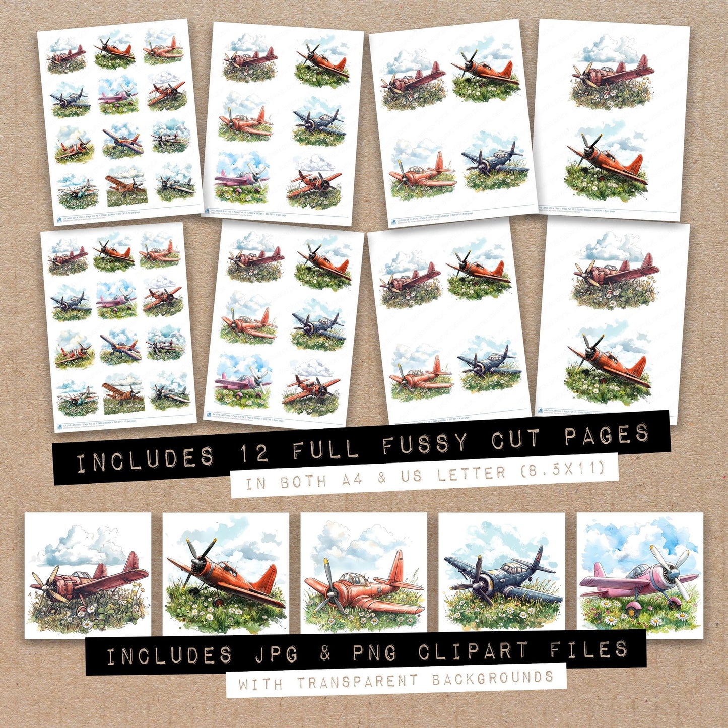 Full collection view of Plane in Wildflowers fussy cut sheets with bonus clipart JPG and PNG files
