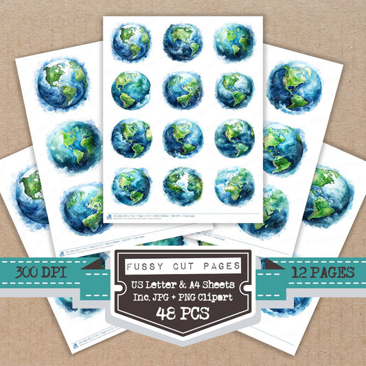 Planet Earth Watercolour fussy cut printable sheets for junk journaling, scrapbooking, and paper craft projects