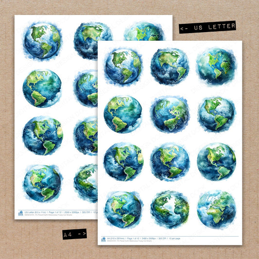 A4 and US Letter format comparison showing Planet Earth Watercolour fussy cut pages for print and cut crafting