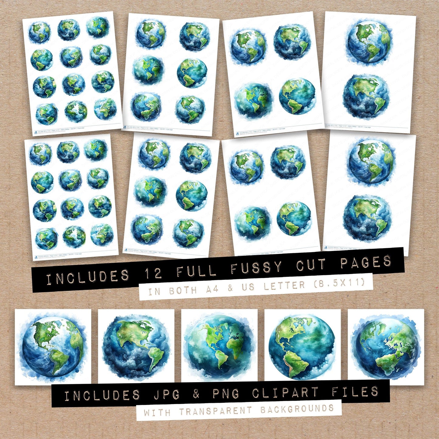 Full collection view of Planet Earth Watercolour fussy cut sheets with bonus clipart JPG and PNG files