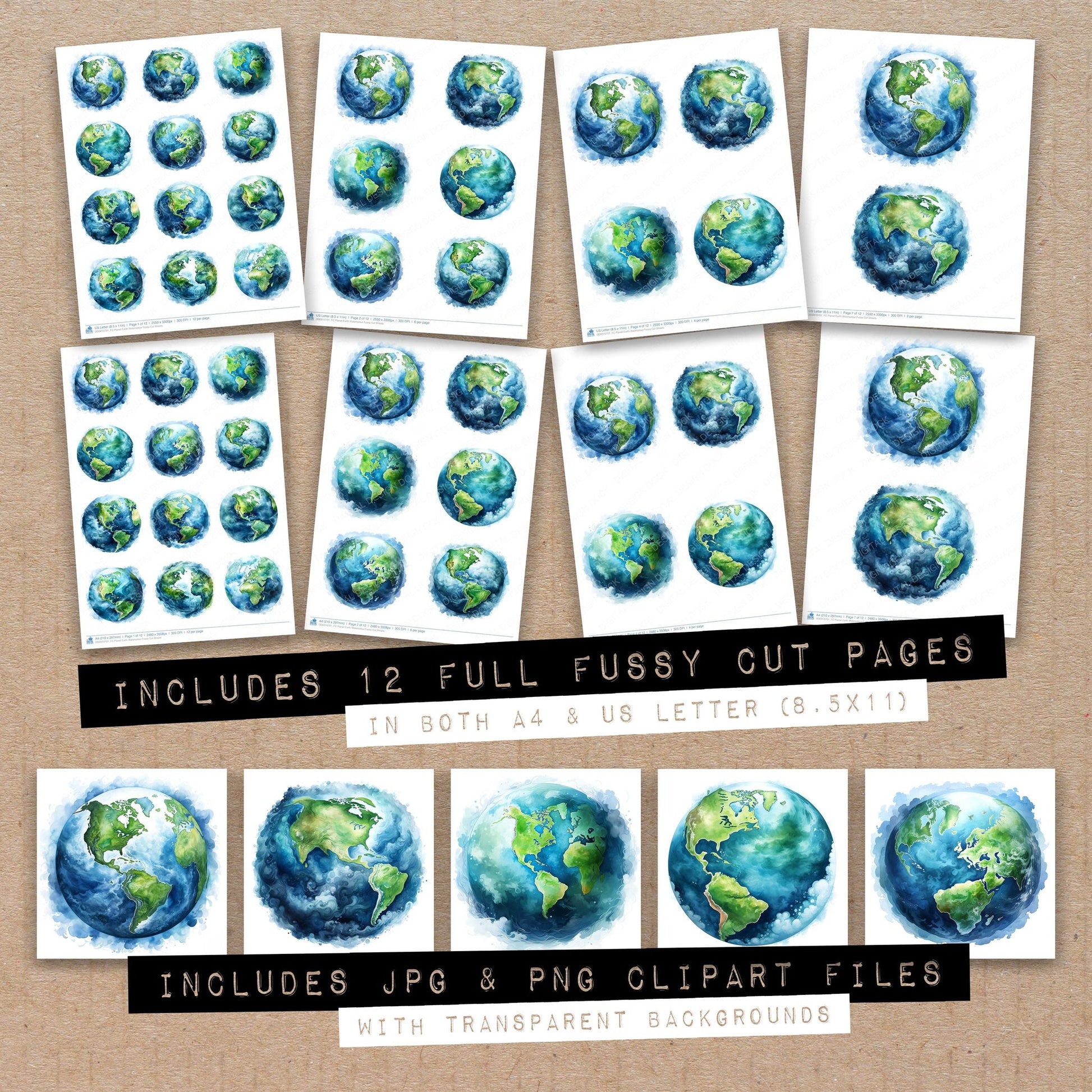 Full collection view of Planet Earth Watercolour fussy cut sheets with bonus clipart JPG and PNG files