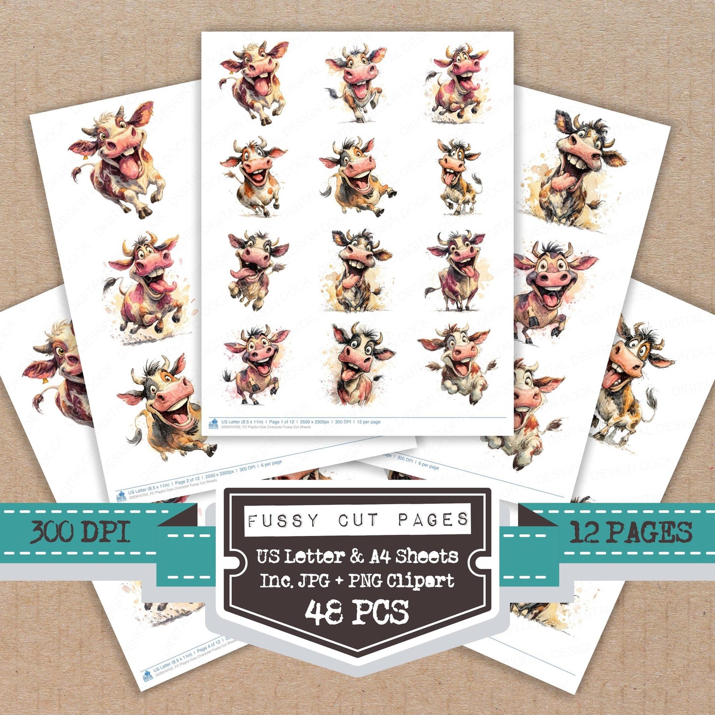 Playful Cow Character fussy cut printable sheets for junk journaling, scrapbooking, and paper craft projects