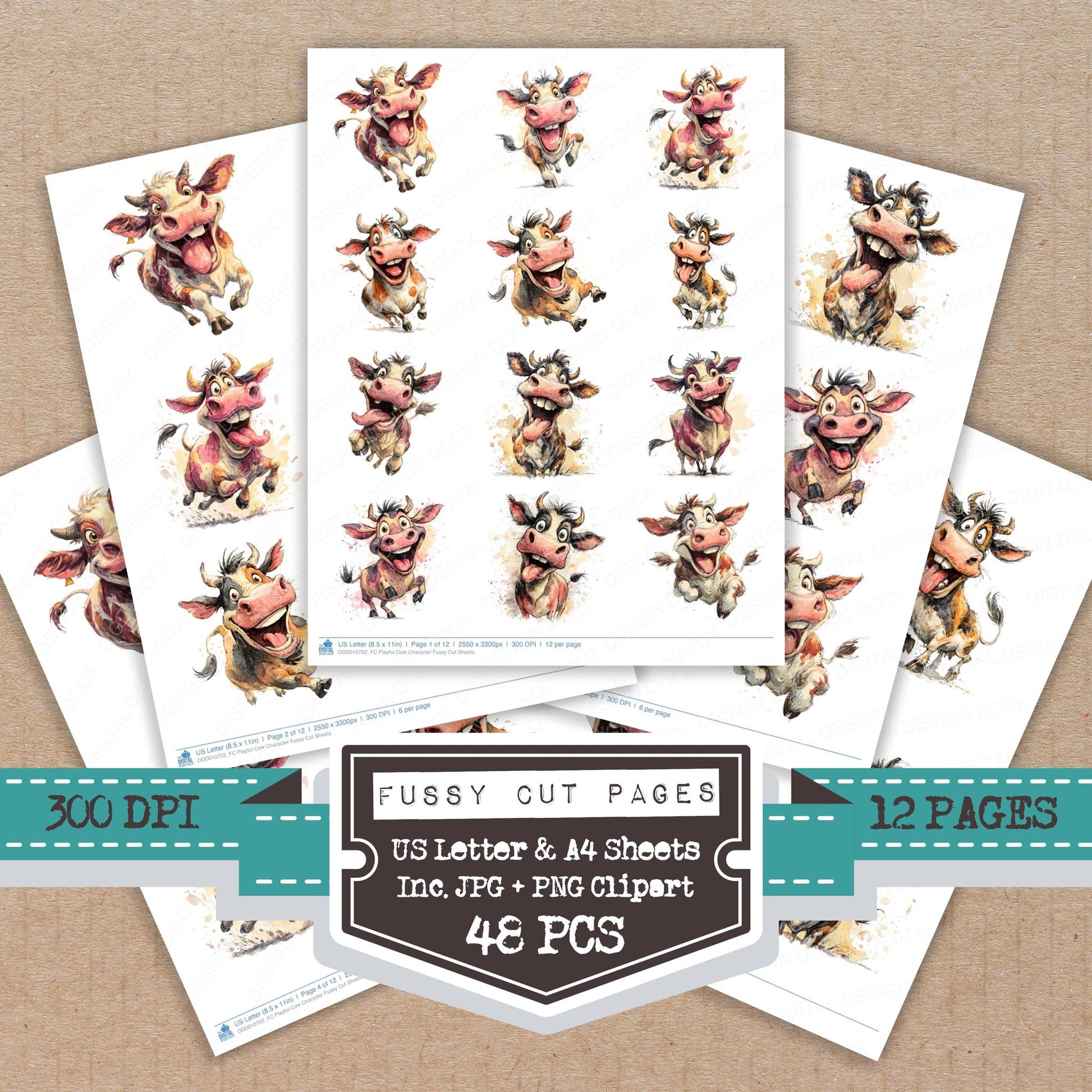 Playful Cow Character fussy cut printable sheets for junk journaling, scrapbooking, and paper craft projects